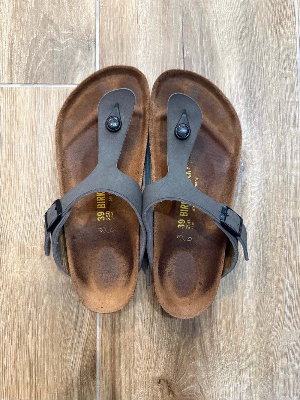 Birkenstock Brown Leather Thong Sandals with Gray Buckles